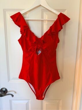 NWT!! Cupshe Bright Red One-Piece Swimsuit with ruffles, tie front, back tie